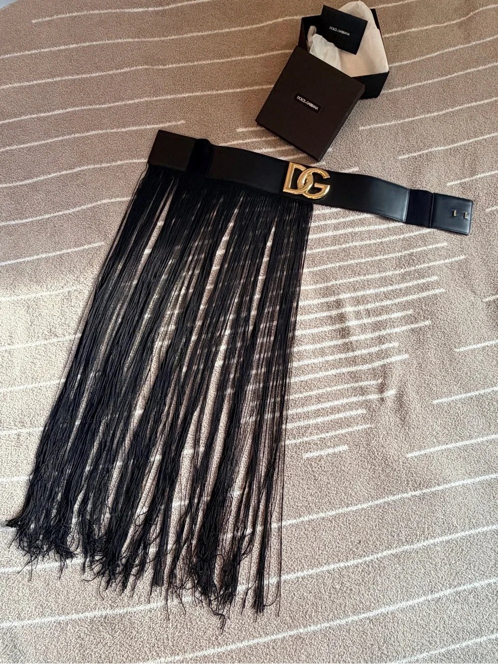 Dolce & Gabbana Runway Black Leather Fringe Belt with Gold DG Buckle